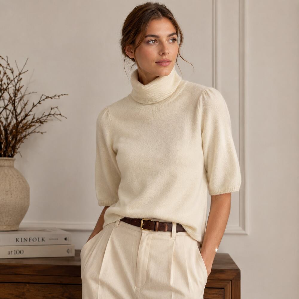 Beth Bowley Women's SZ S 100% Cashmere Turtleneck 3/4 Sleeve Sweater Ivory